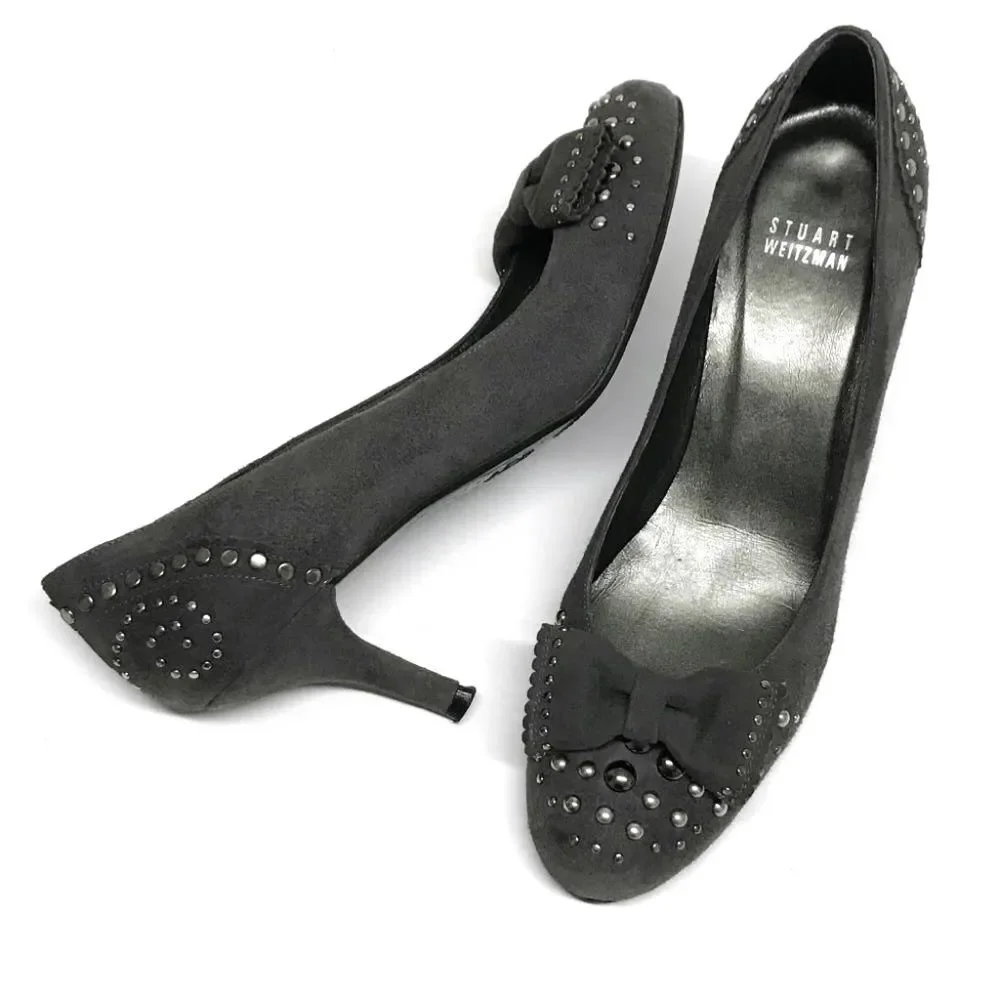 STUART WEITZMAN Gray Suede Leather Studded Pumps Heels with Bows 8N Y2K